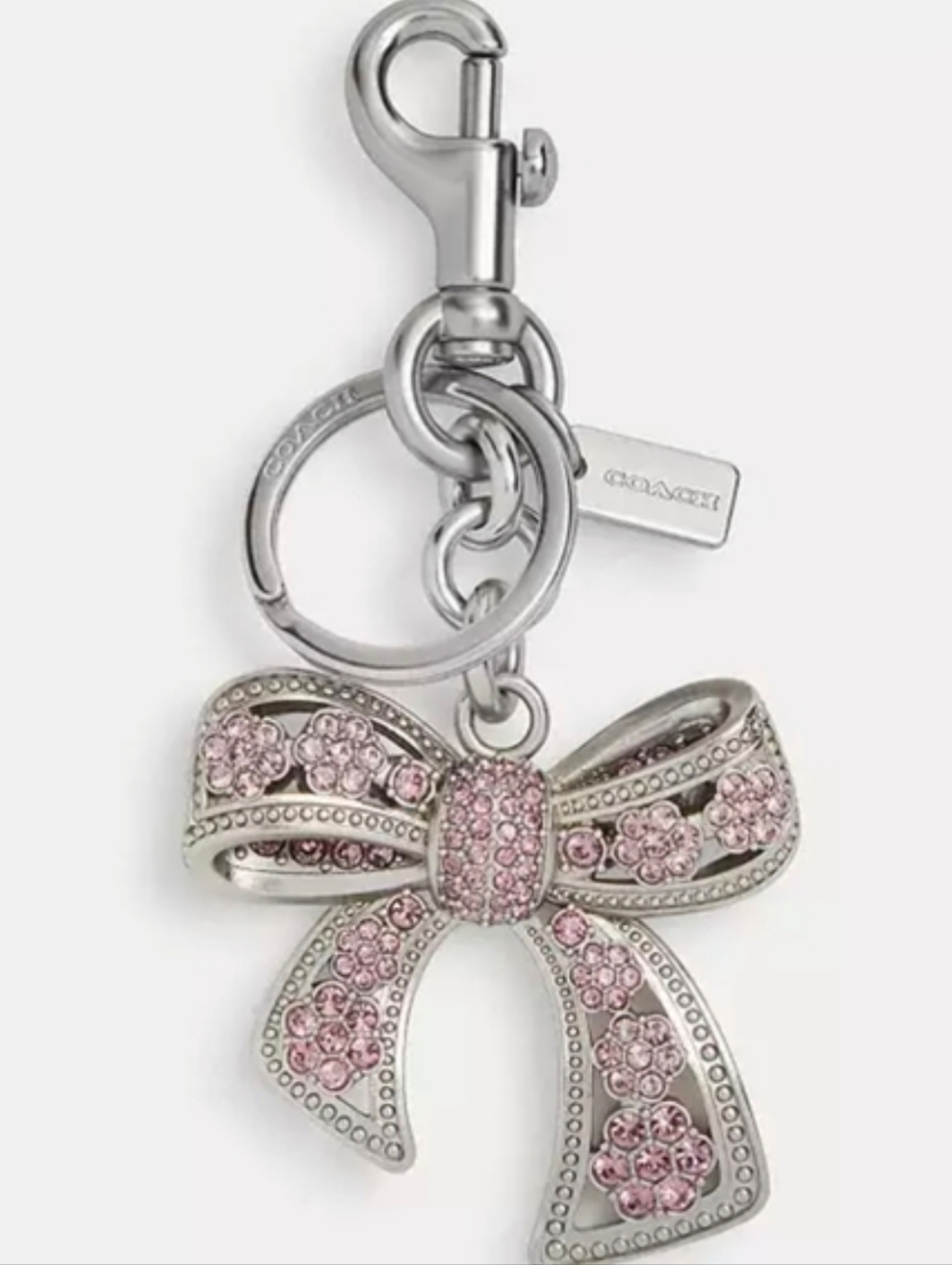 Coach Bag Purse Charm 3D Bow w/ Light Pink Pave Crystals in Silver-toned Metal